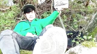 Risky masturbation outdoors a guy's voice caught this cute homosexual twink with his nuts hanging out, stroking his uncut foreskin, his ass hole undressed