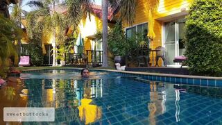 Nudist walks around the hotel and masturbates by the pool