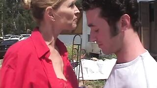 MILF gets drilled missionary style in her shaven pussy