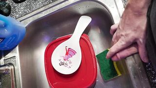 Desperate full urinate into the sink
