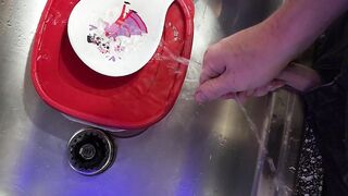 Desperate full urinate into the sink