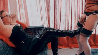 Heartless BBW Female-master Destroys Stepson CBT Boots, Deep Gagging, Anal Stretching, Sissification and Piddle Drinking!