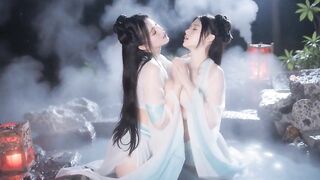 [AI-generated] two sisters live in a secluded fairyland, kissing each other in a hot spring and caressing each other in their boudoir.