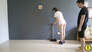 This honey gets pantsed while doing house chores