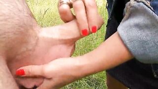 My stepmom jerks my dick in the fields