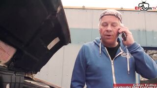 Young trainee with flawless bazookas screws two old boyz in a 3-some in the car