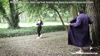 Creepy old man licks booty and screws runner in the park