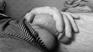 Male massages his schlong. Big knob with saliva.