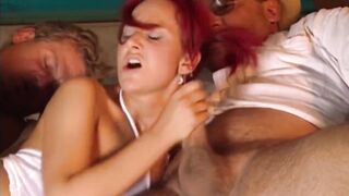 This Young Redhead Enjoys a DP with 2 Old Dudes