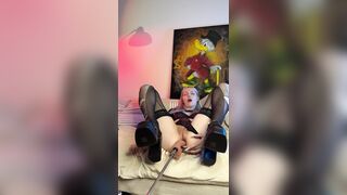 T-girl in black stockings cum in cage