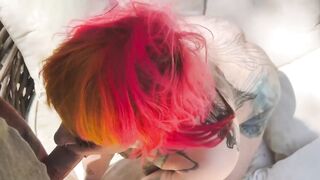 Gothsluts in full makeup sucks wang in garden and swallows huge load