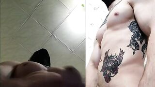Brawny guy masturbates. Big dick is young. sperm. tattoo