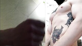 Brawny guy masturbates. Big dick is young. sperm. tattoo