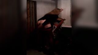 sissy in chastity suck and bang sex-toy in dungeon