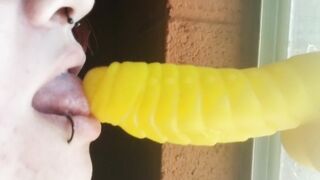Emo with piercings gives up close oral