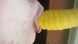 Emo with piercings gives up close oral