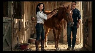 Mature lascivious woman riding a giant schlong in her stable until she begs to have her mouth filled with semen (AI-generated video)