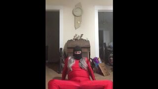 Yoga resistance band wearing red spandex and wig (Sexual Edition)