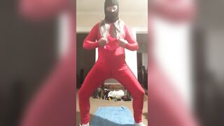 Yoga resistance band wearing red spandex and wig (Sexual Edition)