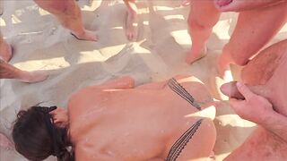 Hawt wife Amateur covered in cum by strangers on Cap Agde beach