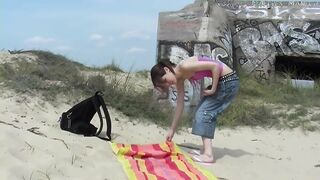 Cute 18 Years Brunette Shows Unshaved Twat at Beach