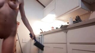 Sexy naked wife cooking chicken and cleaning for you