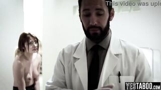 Slender tiny virgin teen gets railed by her big cock slutty doctor in his office