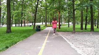 Sluty teen angel walks in the park in a micro costume without panties (upskirt, no panties, stockings)