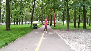 Sluty teen angel walks in the park in a micro costume without panties (upskirt, no panties, stockings)