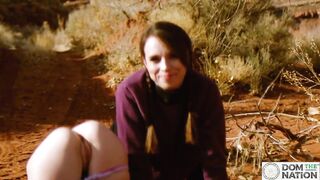 Petite hotty sucks on big-ass hotty's butt in the outdoors