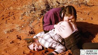 Petite hotty sucks on big-ass hotty's butt in the outdoors