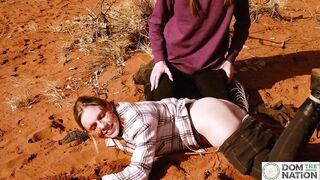 Petite hotty sucks on big-ass hotty's butt in the outdoors